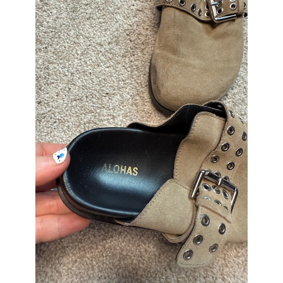 Alohas Halia Suede Leather Slip-On Grommet Detail Mules Clogs in Beige - Picture 3 of 5